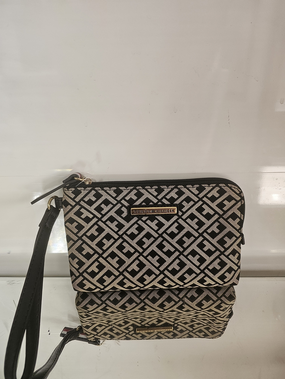 Tommy Hilfiger Black & Cream Monogram Wristlet with Strap